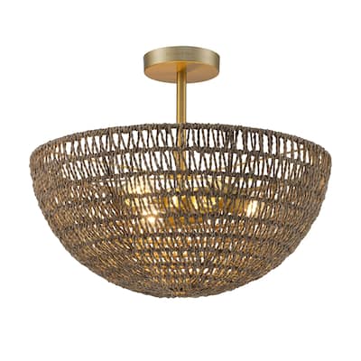 Luna 3-Light Large Dome Shade Seagrass Semi Flush Mount Coastal Ceiling Light in Brass - 18 in.Wide