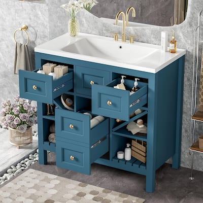 36" Bathroom Vanity with Resin Sink, 5 Drawers, Soft-Closing Doors, and Ample Storage - Freestanding Cabinet in Blue