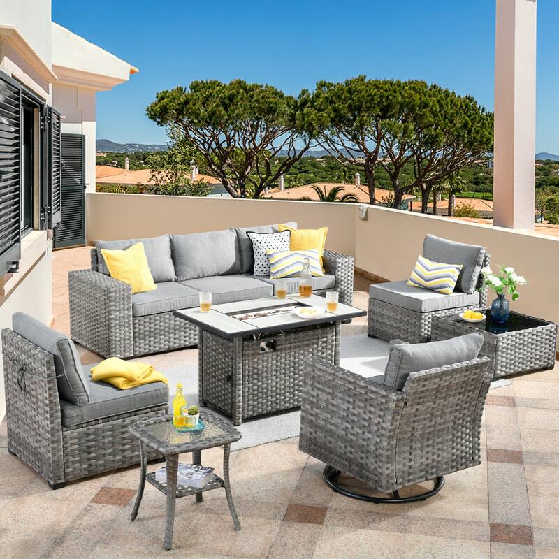 HOOOWOOO 9-piece Wicker Outdoor Modular Wide Armrest Sectional Set Fire Pit Set - Dark Grey