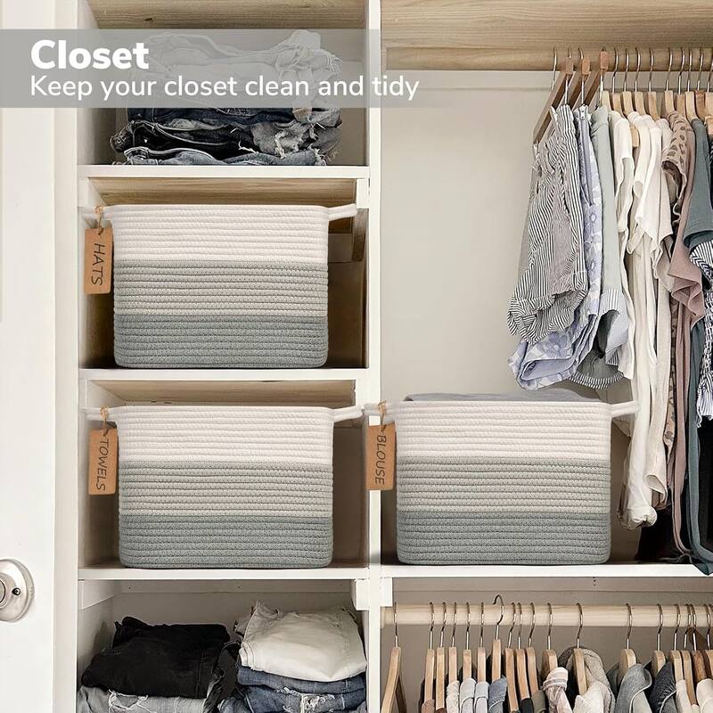 Woven Rope Storage Basket Set of 3, Closet Baskets for Toys, Books, Rectangle Decorative Baskets - 10"D x 13"W x 9"H