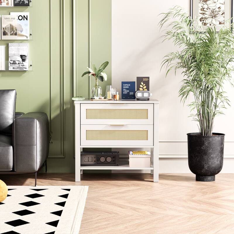Rattan Nightstand with 2 Drawers and Storage Shelf Boho Bedside Narrow Side Table for Bedroom