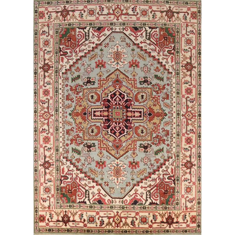 Light Blue Medallion Heriz Serapi Indian Rug Hand-Knotted Wool Carpet - 7'11" x 9'10"