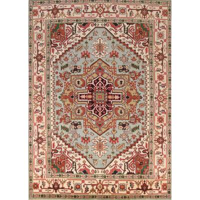 Light Blue Medallion Heriz Serapi Indian Rug Hand-Knotted Wool Carpet - 7'11" x 9'10"