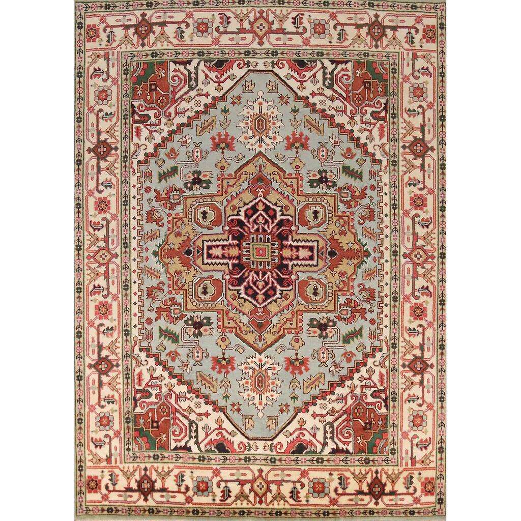 Light Blue Medallion Heriz Serapi Indian Rug Hand-Knotted Wool Carpet - 7'11" x 9'10"
