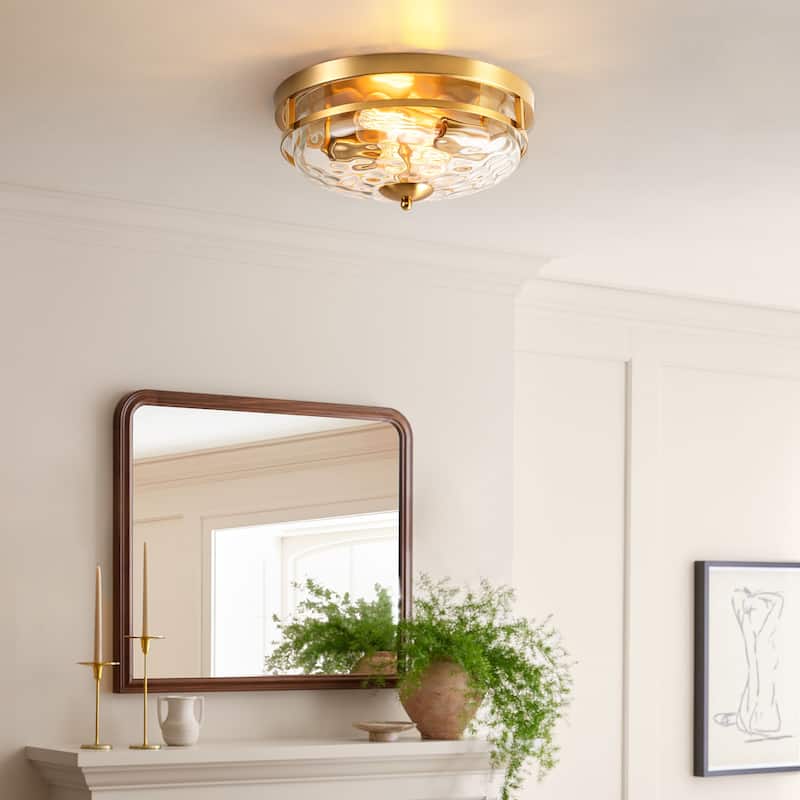2-Light Modern Industrial ORB/Gold Ceiling Light Dome Cone Clear Water Rippled Glass Flush Mount Light