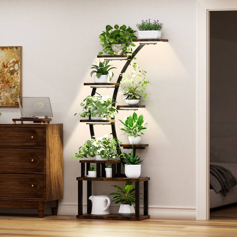 9-Tier Indoor Curved Design Plant Stand with Grow Lights Black Metal Frame and Particleboard Shelves - 20.6”L x 11.2”W x 63.5”H