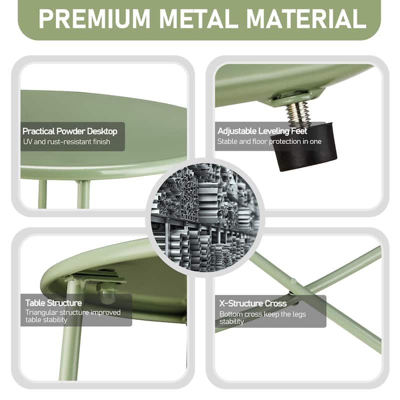 Green Metal Side Table with X-Frame, Adjustable Feet for Indoors/Outdoors - 20.1 x 20.1 x 18.3 in