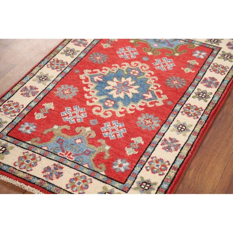 Red Geometric Kazak Oriental Foyer Rug Hand-Knotted Wool Carpet - 1'11" x 3'1"