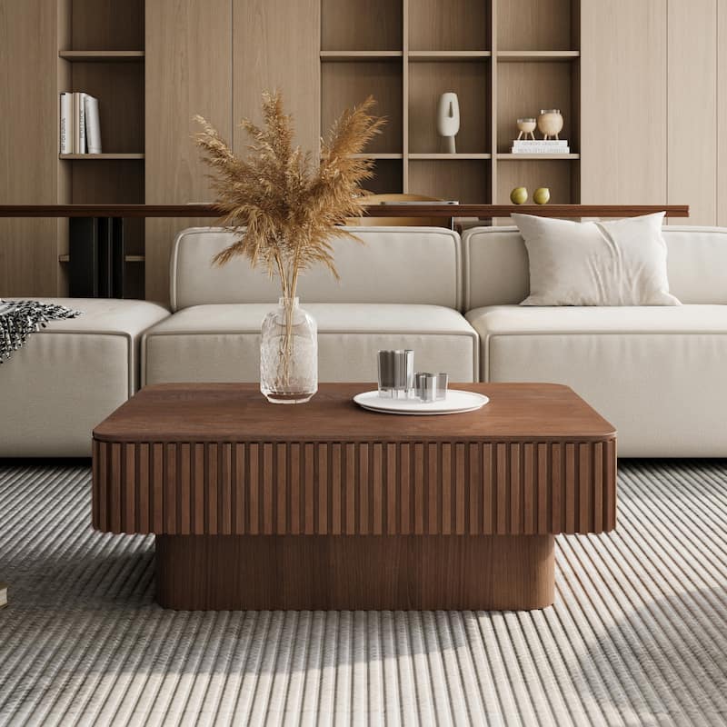 38.6" Fluted Lift-top Coffee Table, Coffee Table Accent Tea Table with Storage and Adjustable Height for Living Room