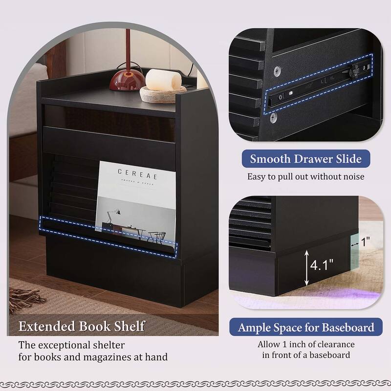 Modern Nightstand with Charging Station and LED Lights