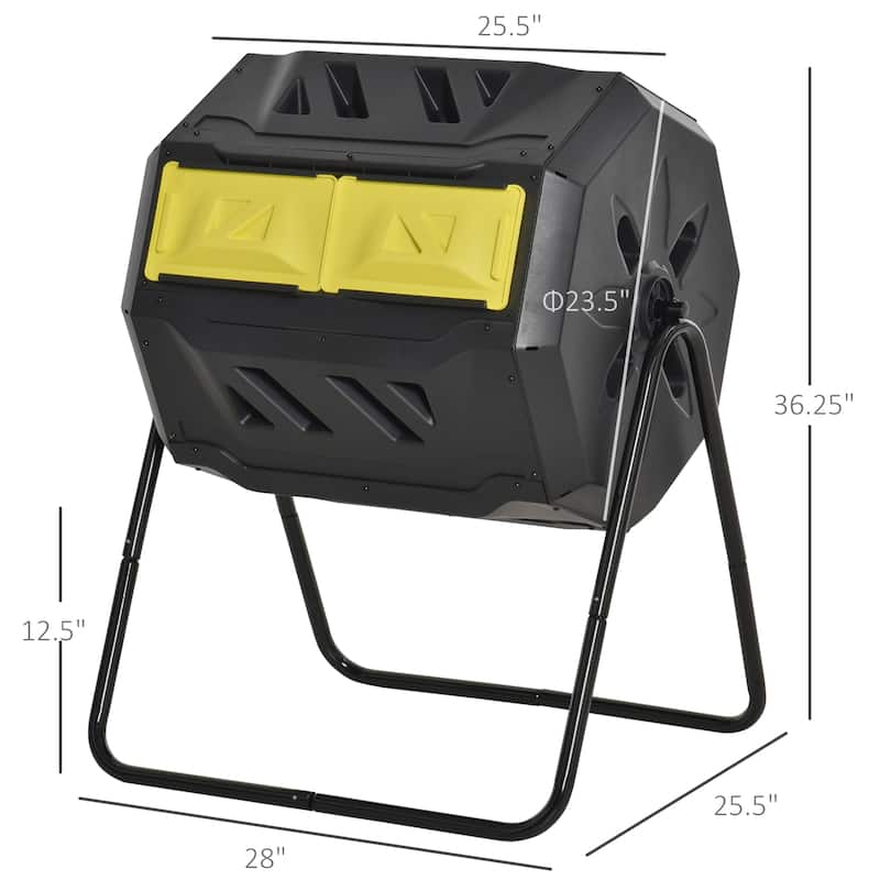 Outsunny Tumbling Compost Bin Outdoor Dual Chamber 360-deg Rotating Composter 43 Gallon w/ Sliding Doors & Solid Steel Frame