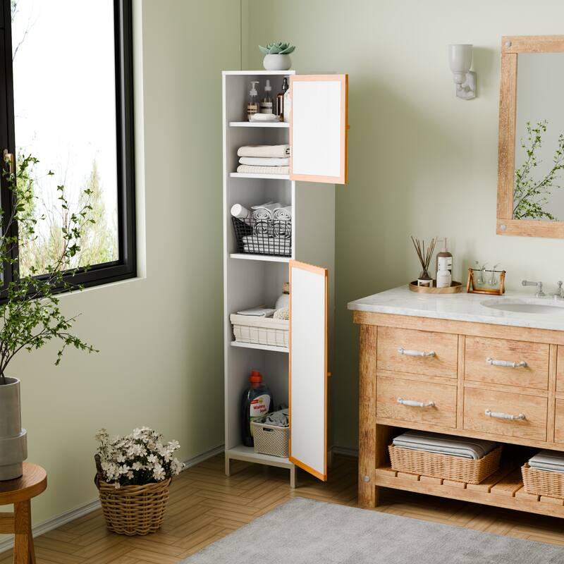 Anmytek Tall Bathroom Storage Cabinet with Bamboo Slatted Doors