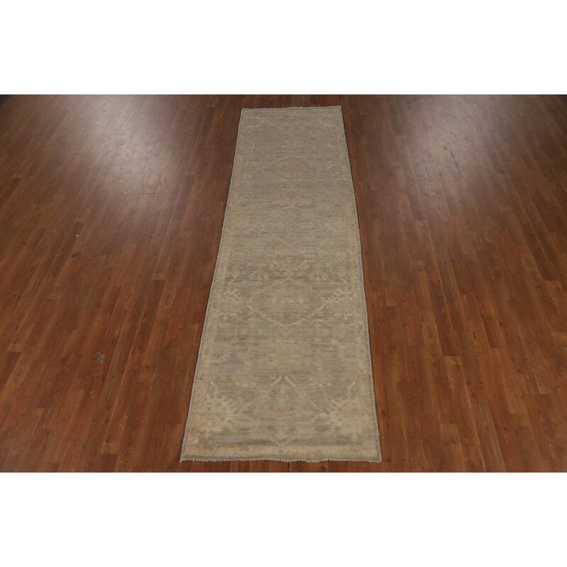 Grey Vegetable Dye Oushak Turkish Runner Rug Handmade Wool Carpet - 2'10" x 9'8"