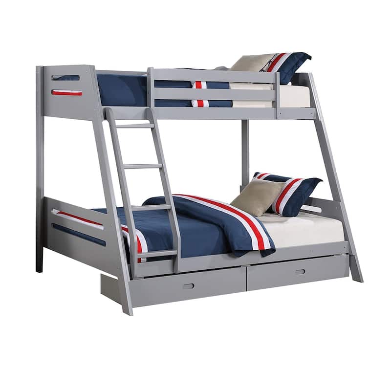 Twin Over Full Bunk Bed with Ladder and 2 Underbed Drawers, Gray Solid Wood, Functional Design