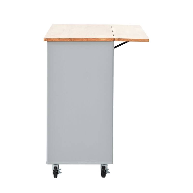 Rubberwood Kitchen Cart with Drop Leaf, Internal Storage Rack, Flip Cabinet Door, and 2 Drawers