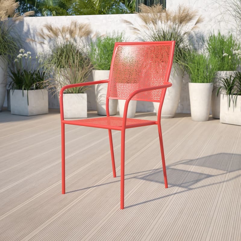 Indoor-Outdoor Steel Patio Arm Chair with Square Back - Coral