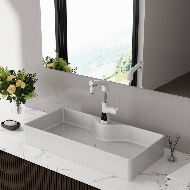 Modland 5-Way LED Bathroom Sink Faucet Single Hole with Pull Out Spray in White/Chrome