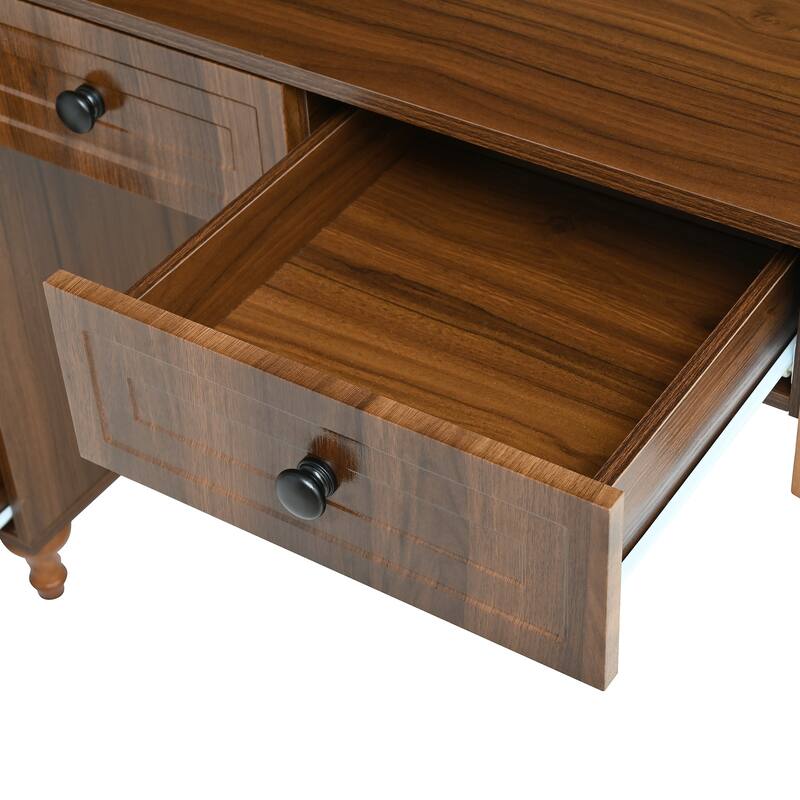 Retro Office Desk Executive Computer Desk with Charging Ports & Hutch, 5 Storage Drawers, Glass-Door Bookshelf