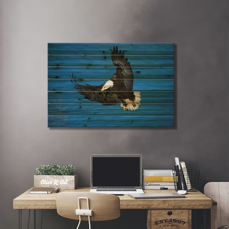 Bald Eagle Flying Over Water, Kenai Peninsula, Alaska Print On Wood by Tom Vezo - Multi-Color
