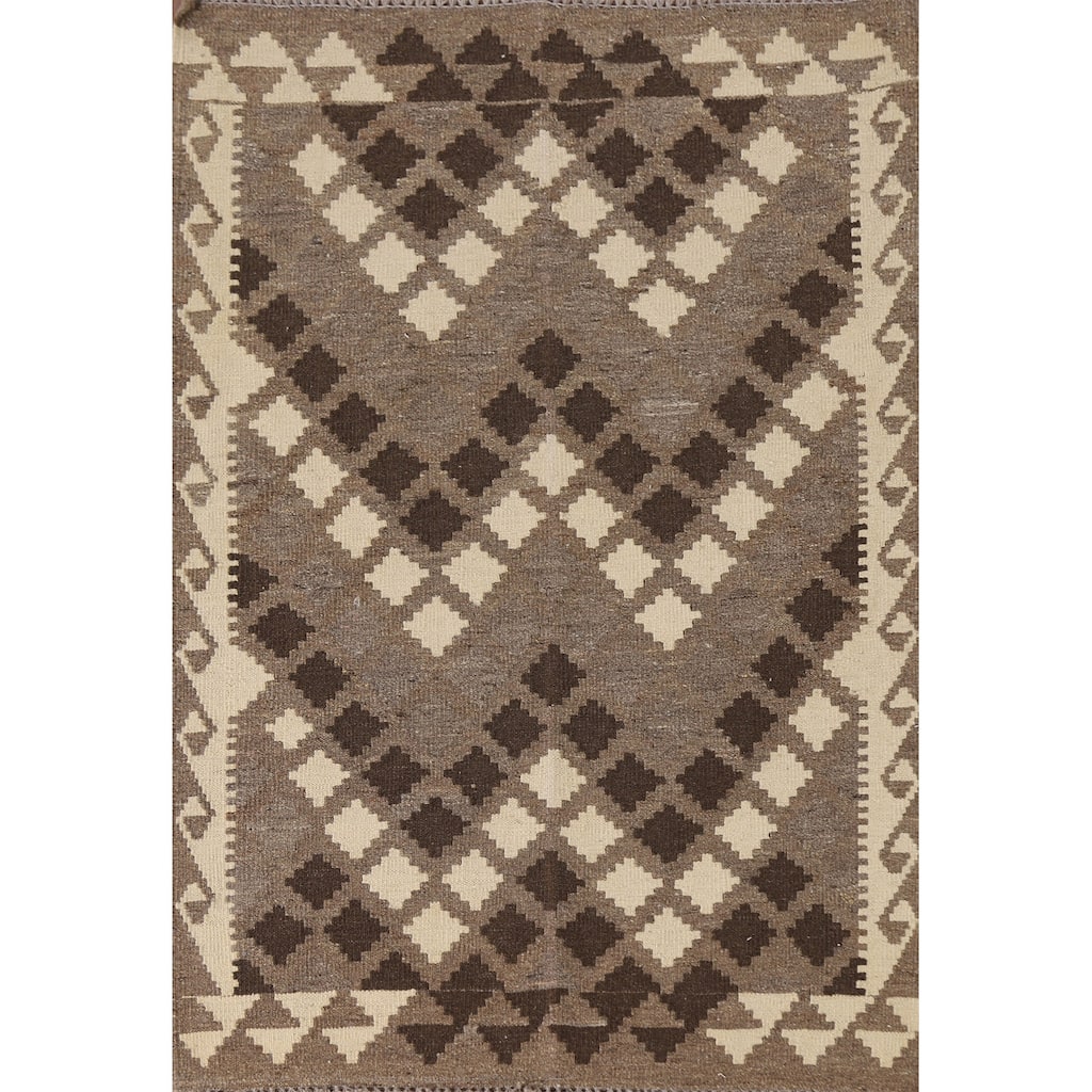 Brown Geometric Kilim Area Rug Oriental Flatweave Wool Carpet - 3'4"x 4'9"