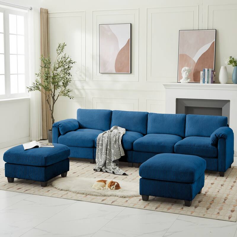 Corduroy Sectional Sofas with 2 Removable Ottomans, U-shaped Symmetrical 6-Seat Modular Couch