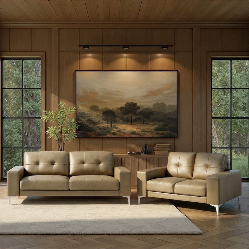 Faelin 79" Modern Sofa Loveseat, Top Grain Leather Couch with Removable Cushions - 2 Piece Set - Khaki