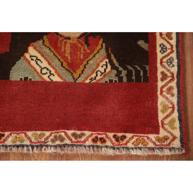 Pictorial Red Shiraz Persian Square Rug Hand-Knotted Wool Carpet - 1'11" x 1'11"