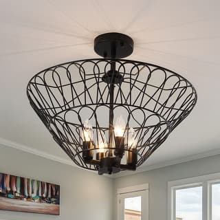 Matte Black 4-Light Metal Open Cage Semi-Flush Mount - Matte Black