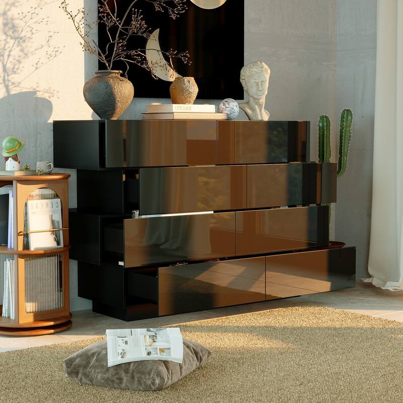 High Gloss White Eight-Drawer Dresser with Modern Design and Storage Chest