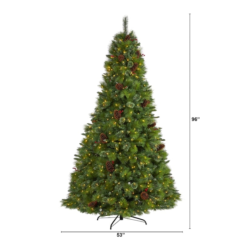 8ft Artificial Christmas Tree with Lights - Holiday Decor, Pine Cones & Berries - Full Size Festive Tree for Home - Green - 96