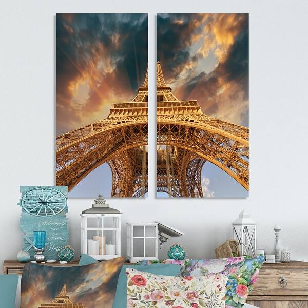 slide 2 of 9, Designart "Eiffel Towerin with Sunset Colors" Cityscape Canvas Wall Art Print 2 Piece Set 16" W x 32" H x 1" D x 2 Pieces