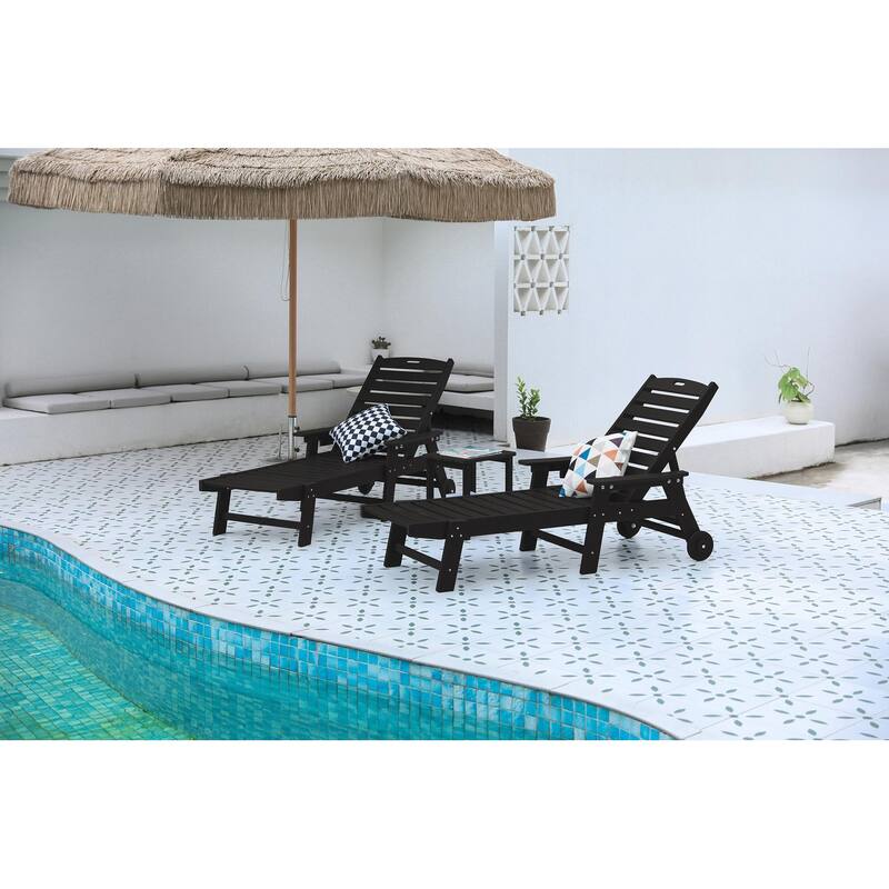 Outdoor Solid Wood Frame Slat Recliner with Pulleys - Black-2PC
