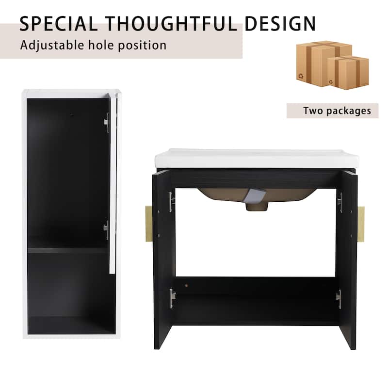24" Wall-Mounted Bathroom Vanity With Ceramic Sink and Side Cabinet, Soft Close Doors, Combination Cabinet