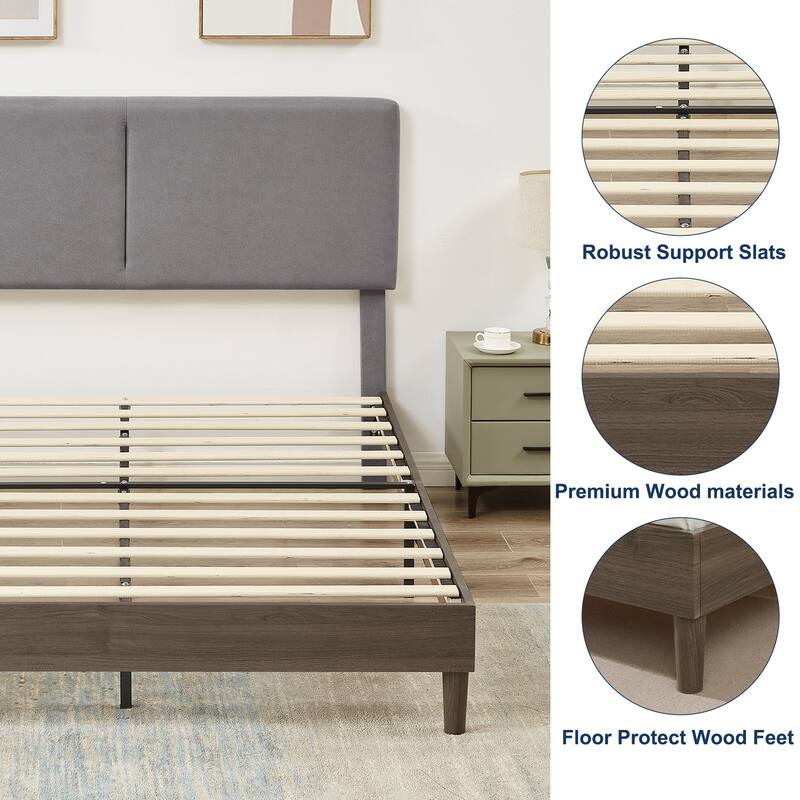 VECELO Upholstered Platform Bed Frame with Adjustable Headboard, Solid Wood Slats, No Box Spring Needed, Twin/Full/Queen Size