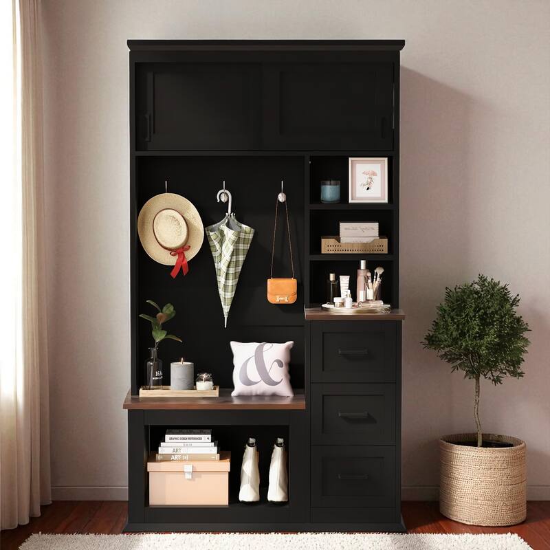 40.2 in Hall Tree with Bench & 3 Drawers, 3 Hooks, 2 Top Cabinets, Modern Entryway Coat Rack Organizer, 71.3 in H