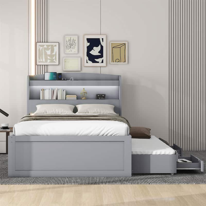 Twin XL Size Platform Bed with Storage LED Headboard and Twin Size Trundle