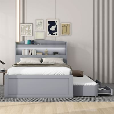 Twin XL Size Platform Bed with Storage LED Headboard and Twin Size Trundle
