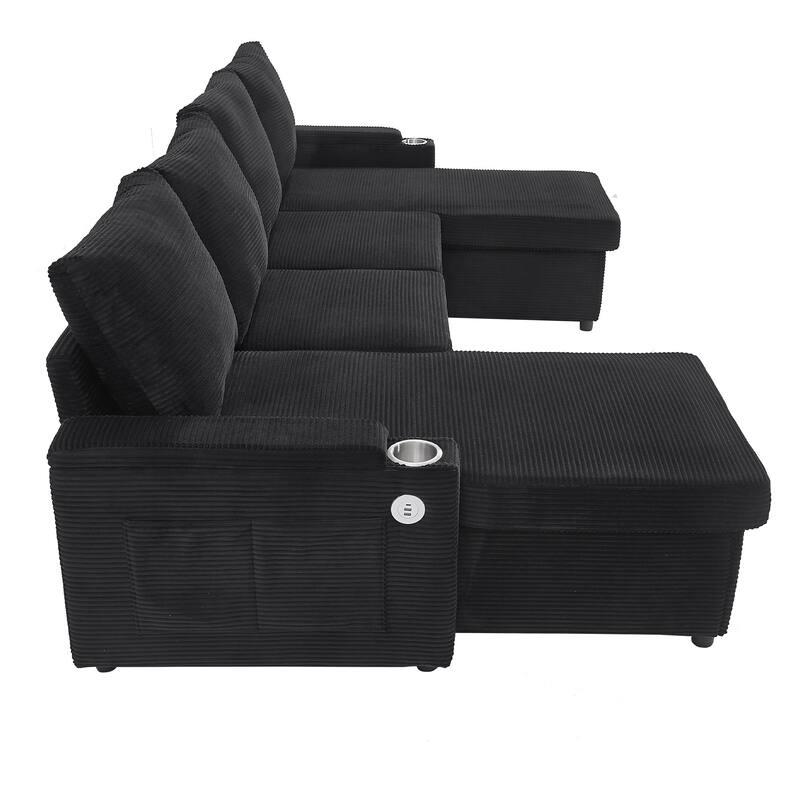 Roomfitters Convertible Sofa Bed 109.5" U-Shaped Sectional Upholstered Sofa with Storage Chaise, Cup Holders and USB Ports