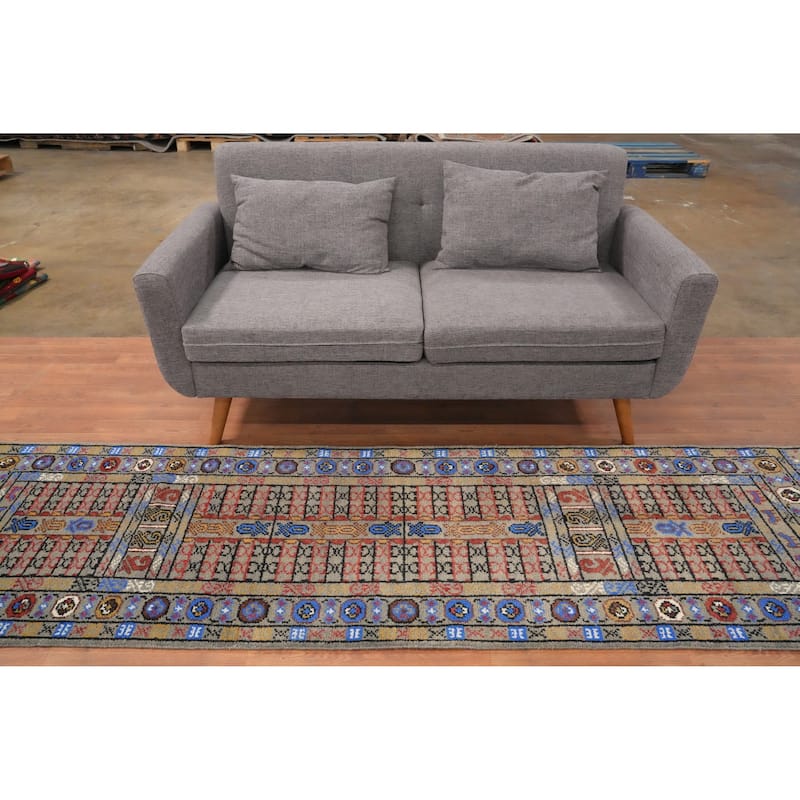 Hand Knotted Oriental 100% Wool Carpet Traditional Tribal Greys & Charcoal Kazak Runner Rug - 9' 11'' X 2' 7''