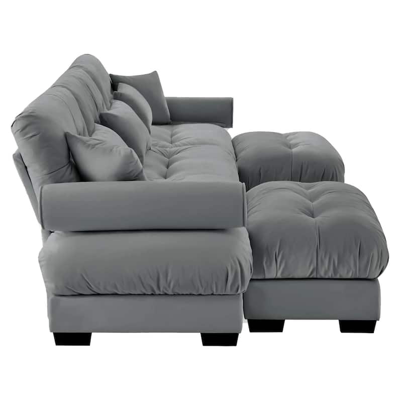 GDFStudio - Thalassia Velvet 3-Seater Sofa and Dual Movable Ottomans With Pillows