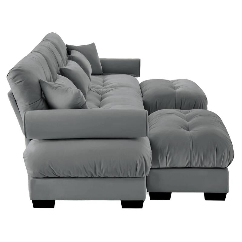 U-Shaped Velvet Sectional Sofa Set with Ottoman, 130" 3-Seater Modular Sofa withRound Armrests, Modern Upholstered Couch