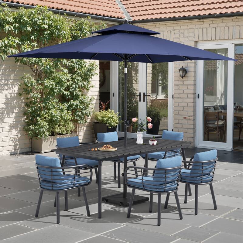 9-Piece Outdoor Patio Dining Set w/10 ft Umbrella and Base Aluminum Dining Table and Chairs with Sunbrella Cushion