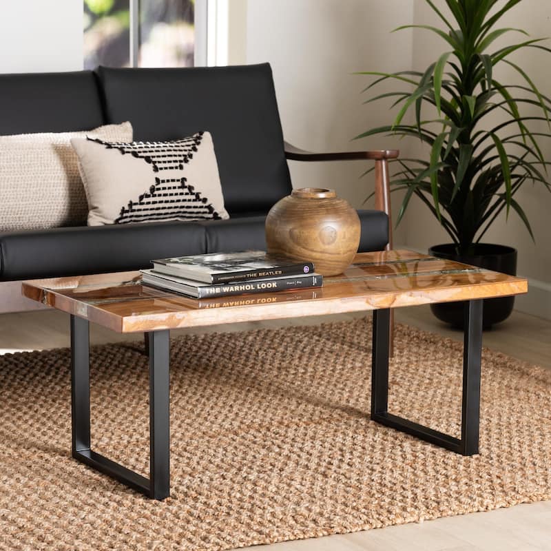 Apio Wood Epoxy Resin Coffee Table with Glass Inlay - Rectangular Live Edge Teak wood Accent Table with Black Metal Base
