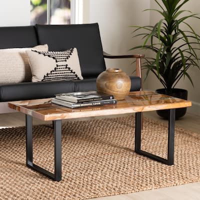 Apio Wood Epoxy Resin Coffee Table with Glass Inlay - Rectangular Live Edge Teak wood Accent Table with Black Metal Base