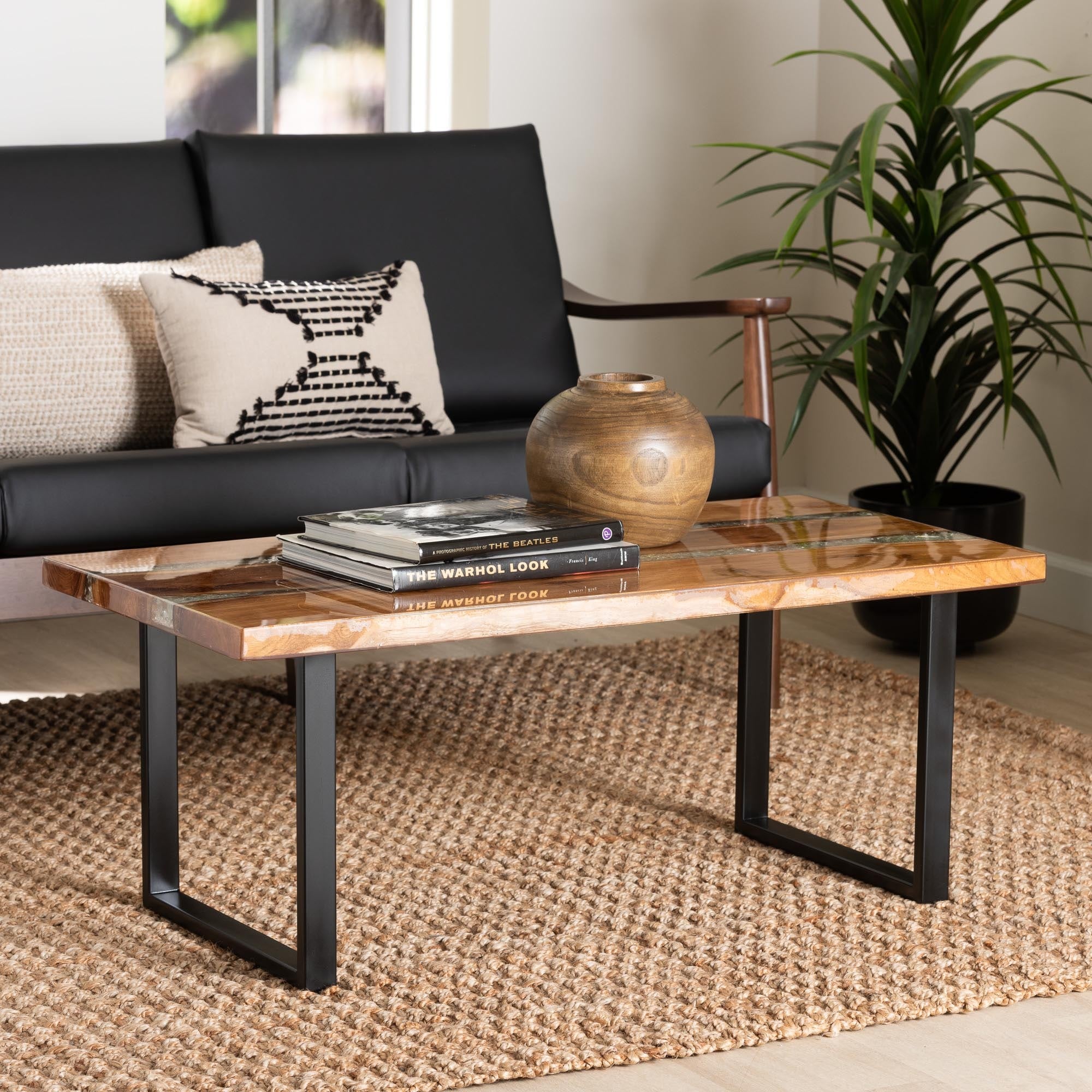 Apio Wood Epoxy Resin Coffee Table with Glass Inlay - Rectangular Live Edge Teak wood Accent Table with Black Metal Base