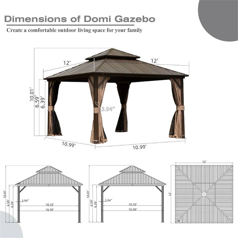 12' X 12' Hardtop Metal Gazebo w/ Galvanized Steel Double Roof Canopy