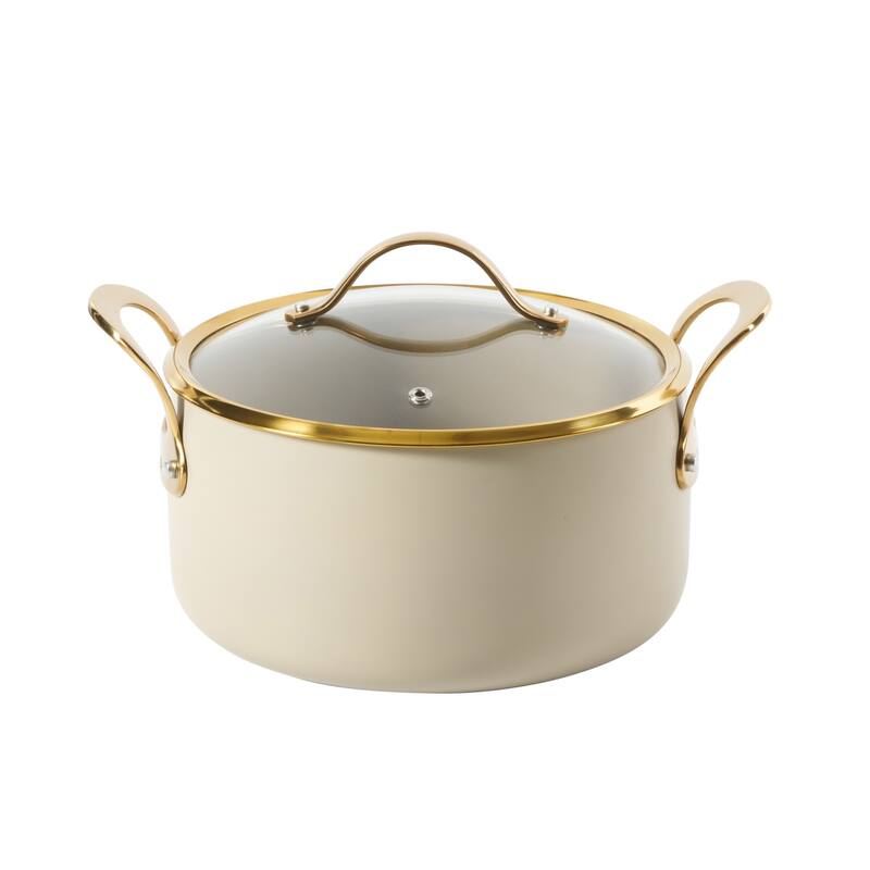 Bloomhouse 15 Piece Pots and Pans Heavy Duty Aluminum Premium PFA Free Ceramic Nonstick - Almond Cream with Gold Handle