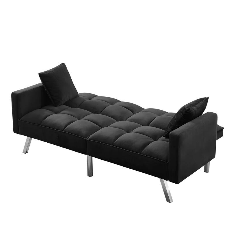 Velvet Futon Sofa Bed with Two Pillows, Convertible Sleeper Sofa Couch with 3 Angle Adjustable Backrest, Modern Loveseat