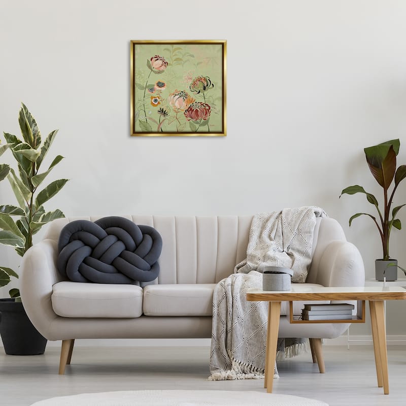 Stupell Curled Chrysanthemums on Green Framed Floater Canvas Wall Art Design By Dusza