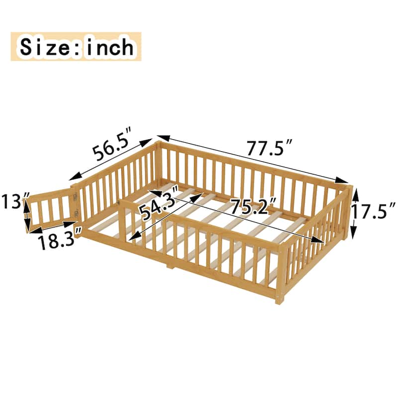 Full Size Bed Floor Bed with Safety Guardrails and Door for Kids